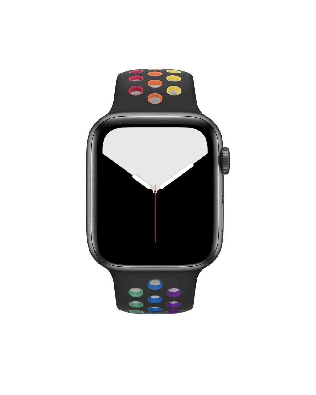 Black smartwatch with rainbow pride sport band featuring colorful dot pattern