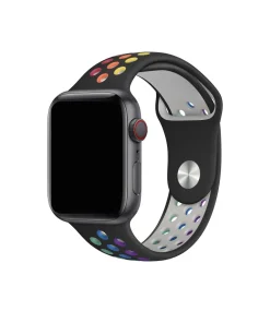 Black sport smartwatch band with colorful rainbow dot pattern design