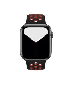 Black smartwatch with black and red sport band ventilation holes