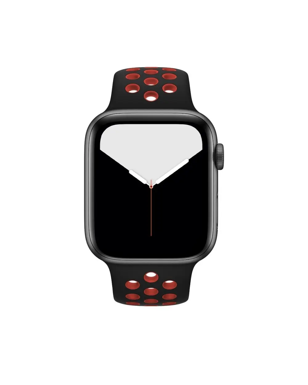 Black smartwatch with black and red sport band ventilation holes