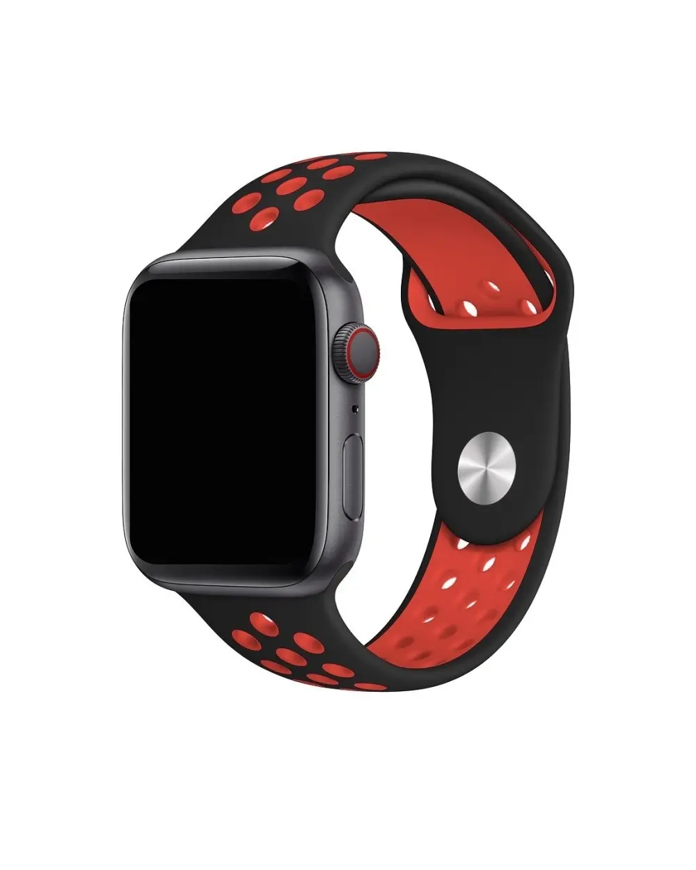 Black and red sport band active smartwatch with perforated silicone strap