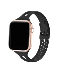 Rose gold smartwatch with black silicone sport band and perforated strap design