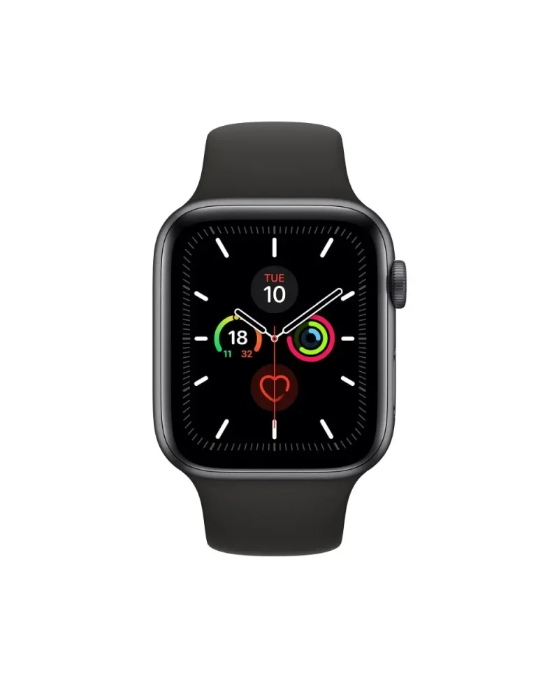 Black sport band smartwatch with fitness tracking rings and heart rate display