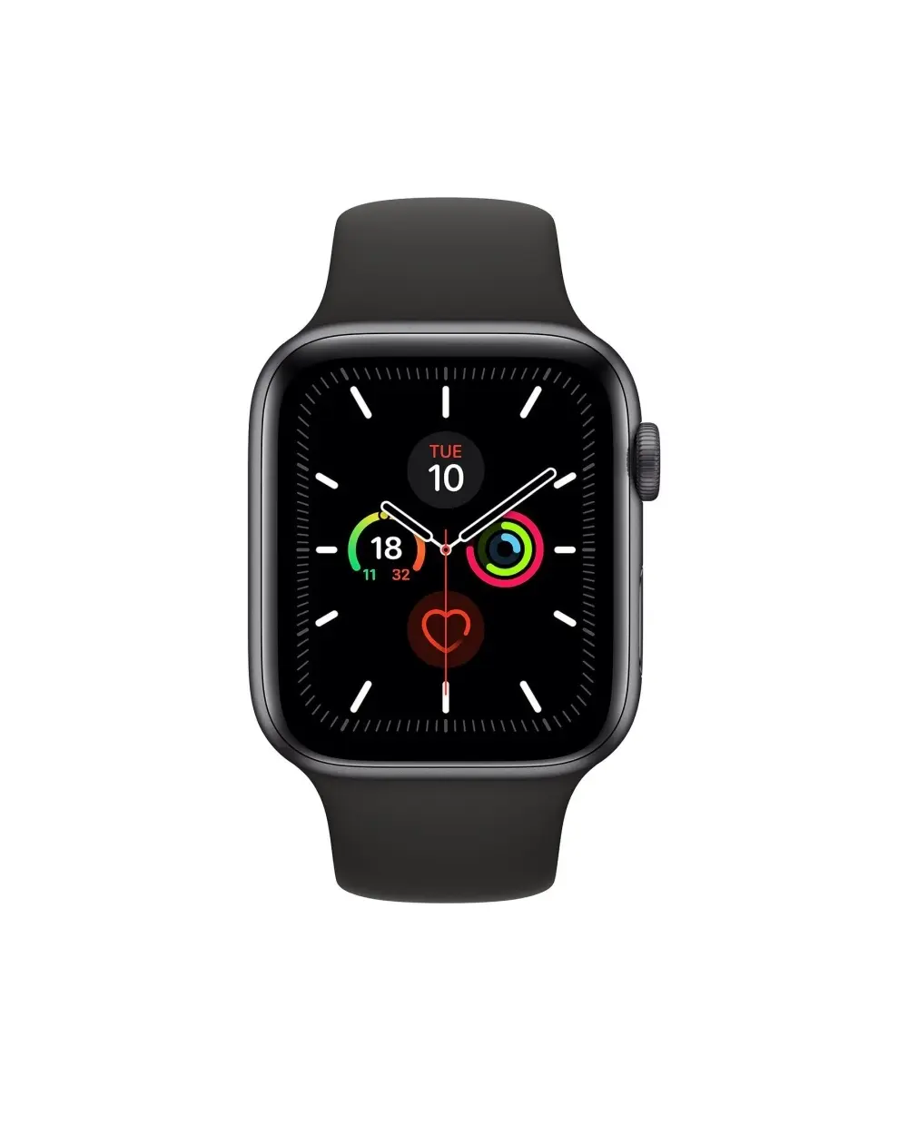 Black sport band smartwatch with fitness tracking rings and heart rate display