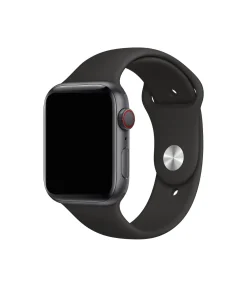 Black sport band smartwatch with red digital crown and aluminum case