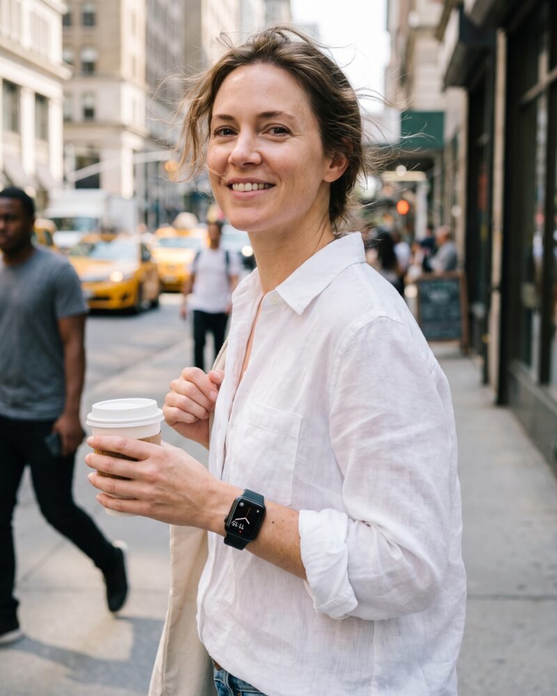 Woman wearing black sport band smartwatch on city street with coffee