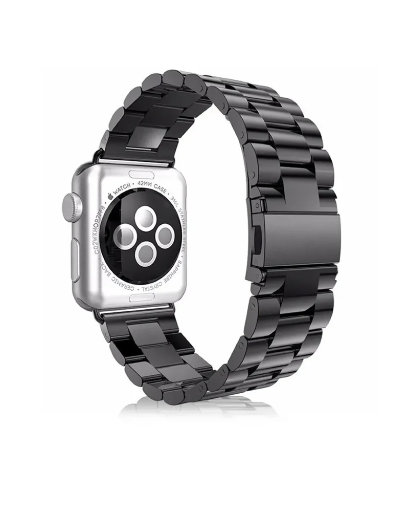Stainless steel smartwatch with black metal link band, 42mm case