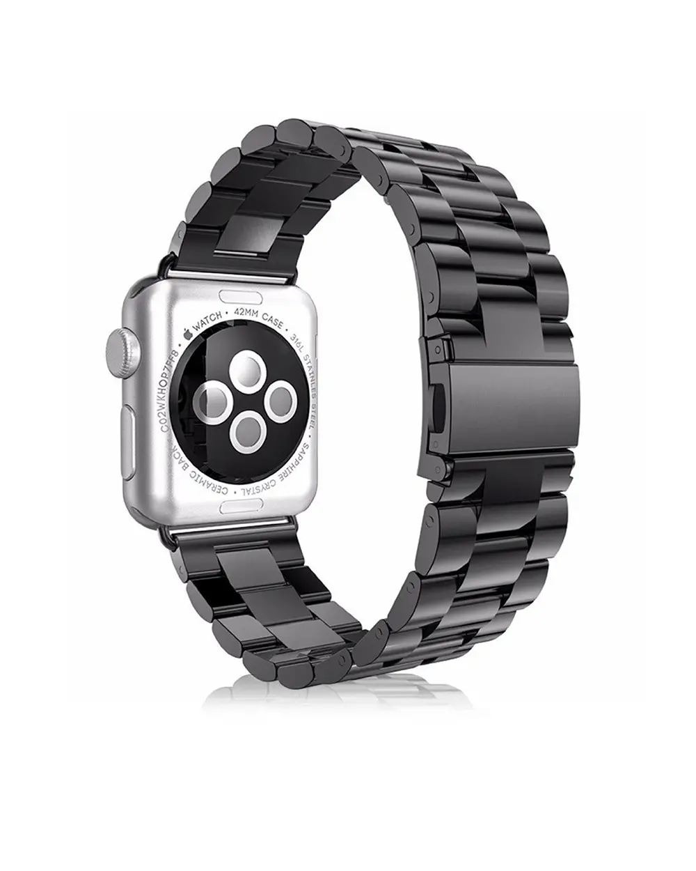Stainless steel smartwatch with black metal link band, 42mm case