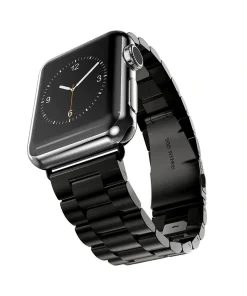 Stainless steel smartwatch with black metal band and analog watch face display