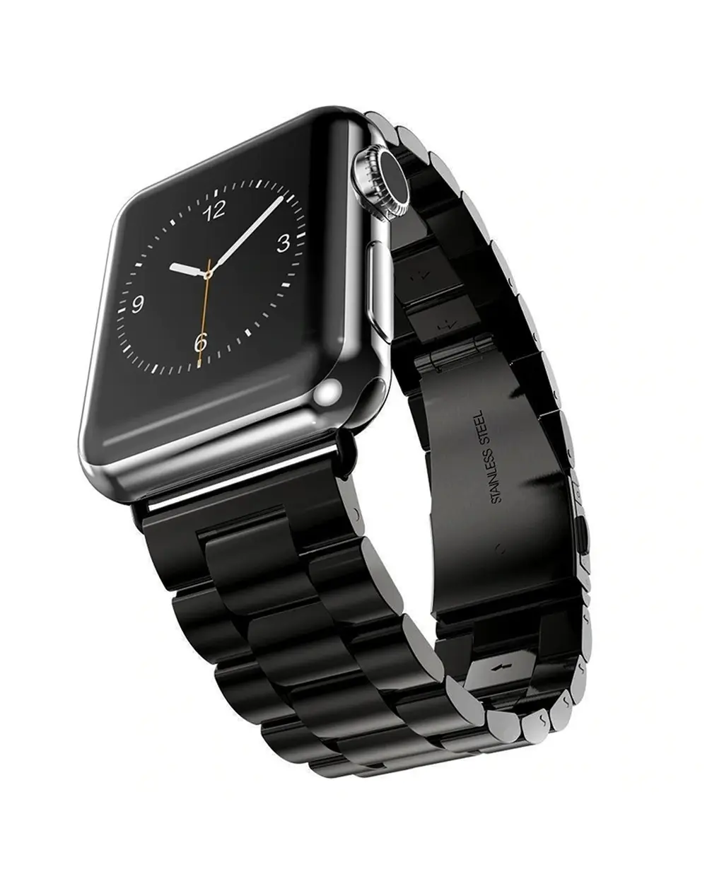 Stainless steel smartwatch with black metal band and analog watch face display