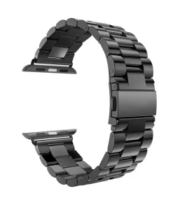 Black stainless steel smartwatch band with metal links and connector