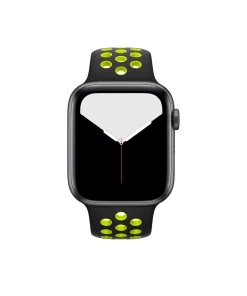 Black smartwatch with neon yellow sport band and digital watch face display