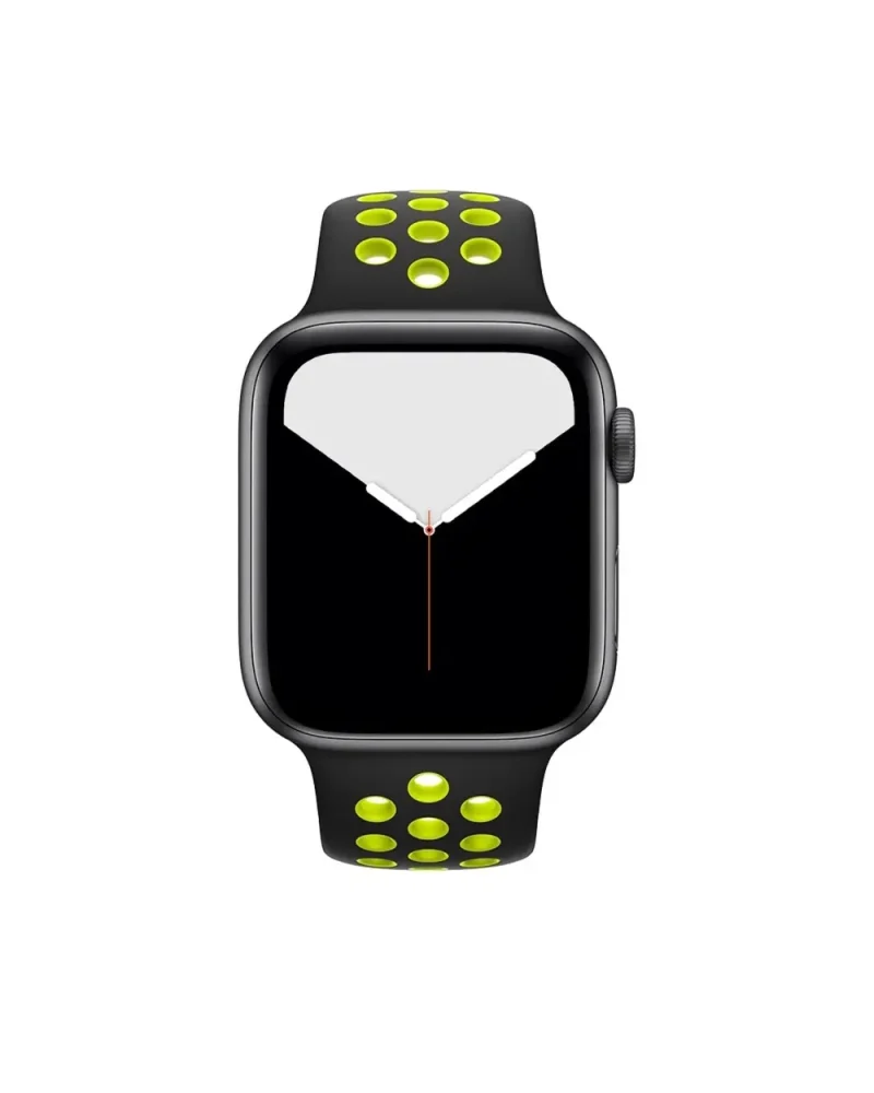 Black smartwatch with neon yellow sport band and digital watch face display
