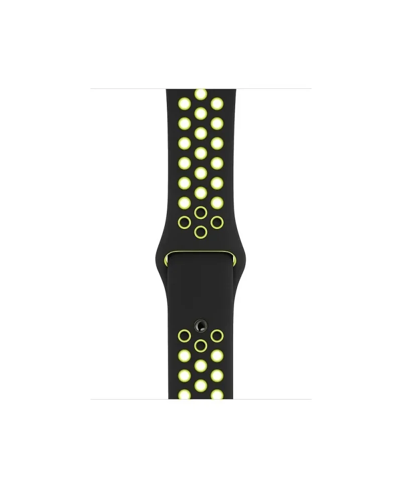 Black sport watch band with neon yellow ventilation holes and accents