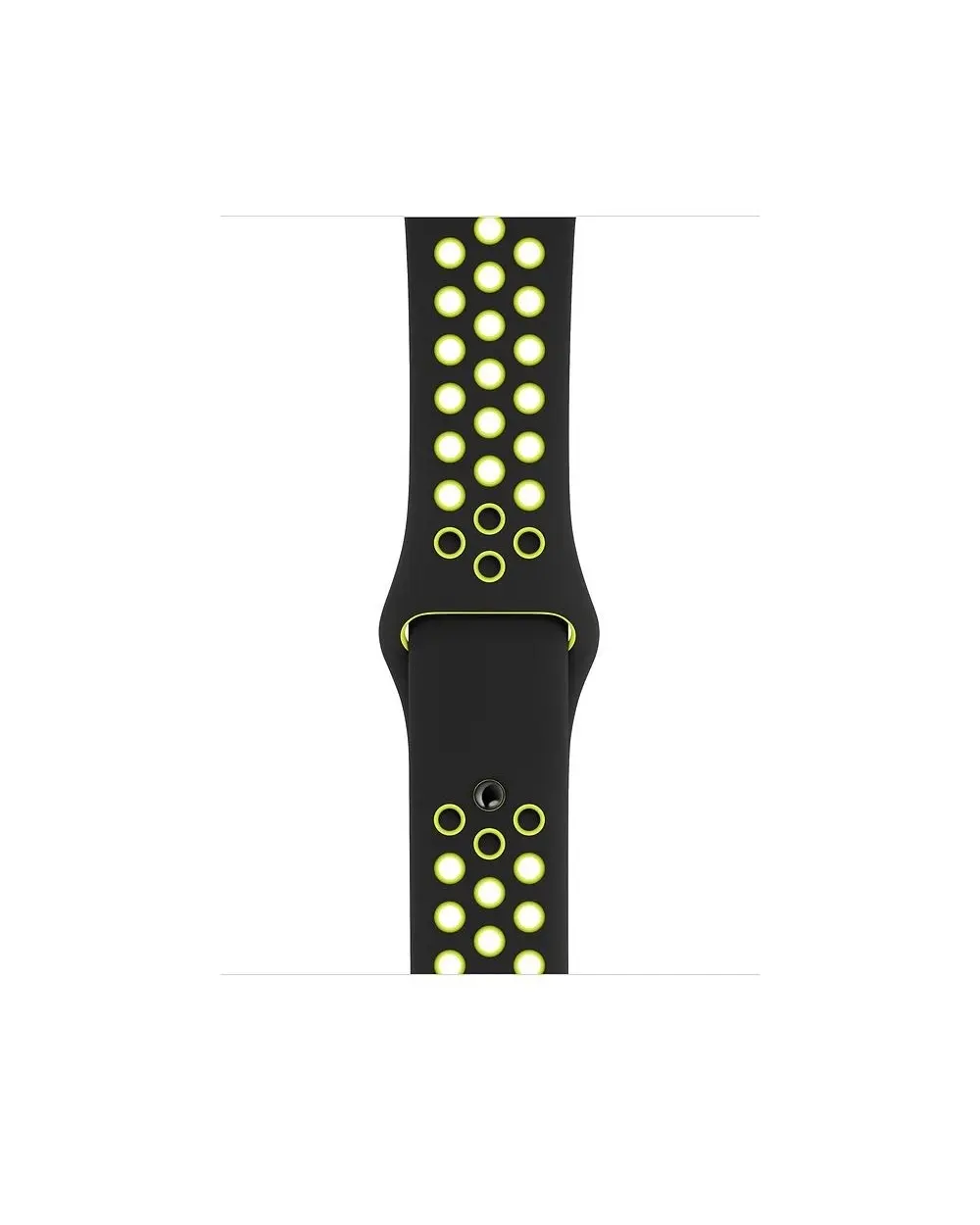 Black sport watch band with neon yellow ventilation holes and accents