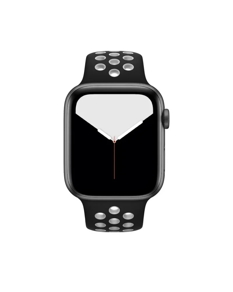 Black smartwatch with perforated sport band and digital watch face display