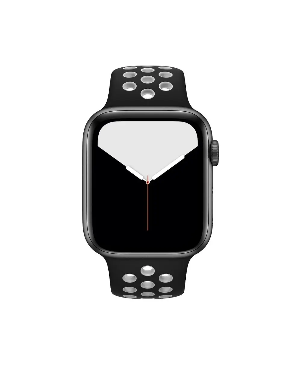 Black smartwatch with perforated sport band and digital watch face display