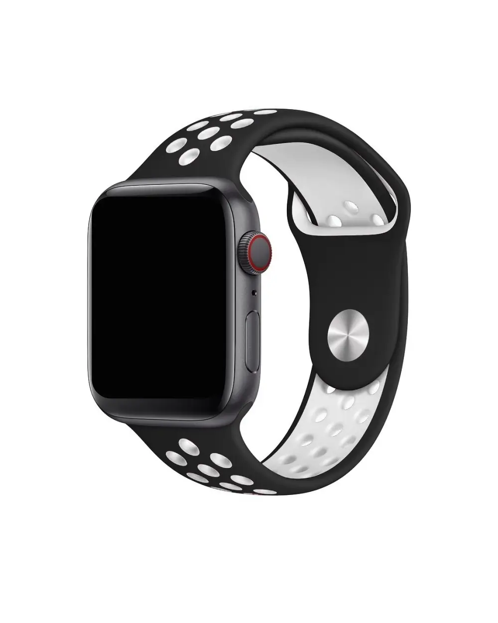 Black and white Nike-style sport band for Apple Watch with perforated design