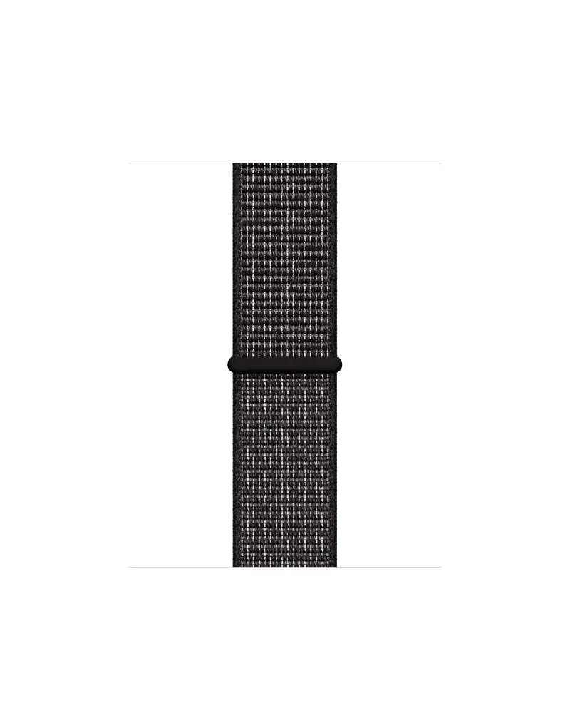 Black woven sport loop watch band with black connector, isolated view