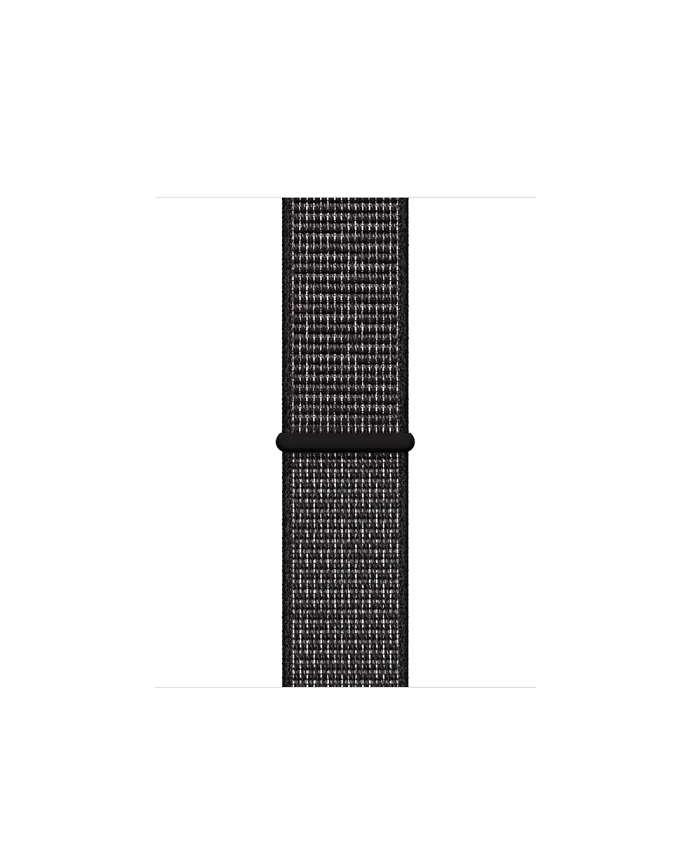 Black woven sport loop watch band with black connector, isolated view