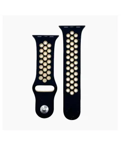 Black sport watch band with gold luminous dots and metal connector clasp