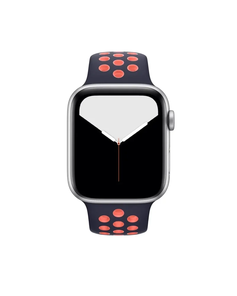 Apple Watch silver aluminum case navy blue bright mango sport band