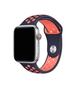 Silver Apple Watch with navy blue and bright mango sport band strap