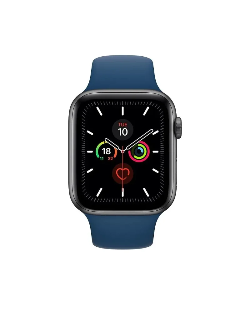 Smartwatch with blue sport band, black face, fitness tracking display
