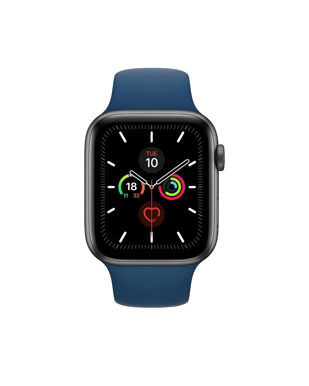 Smartwatch with blue sport band, black face, fitness tracking display