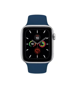 Silver smartwatch with navy blue sport band and black fitness display