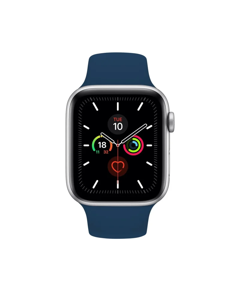 Silver smartwatch with navy blue sport band and black fitness display