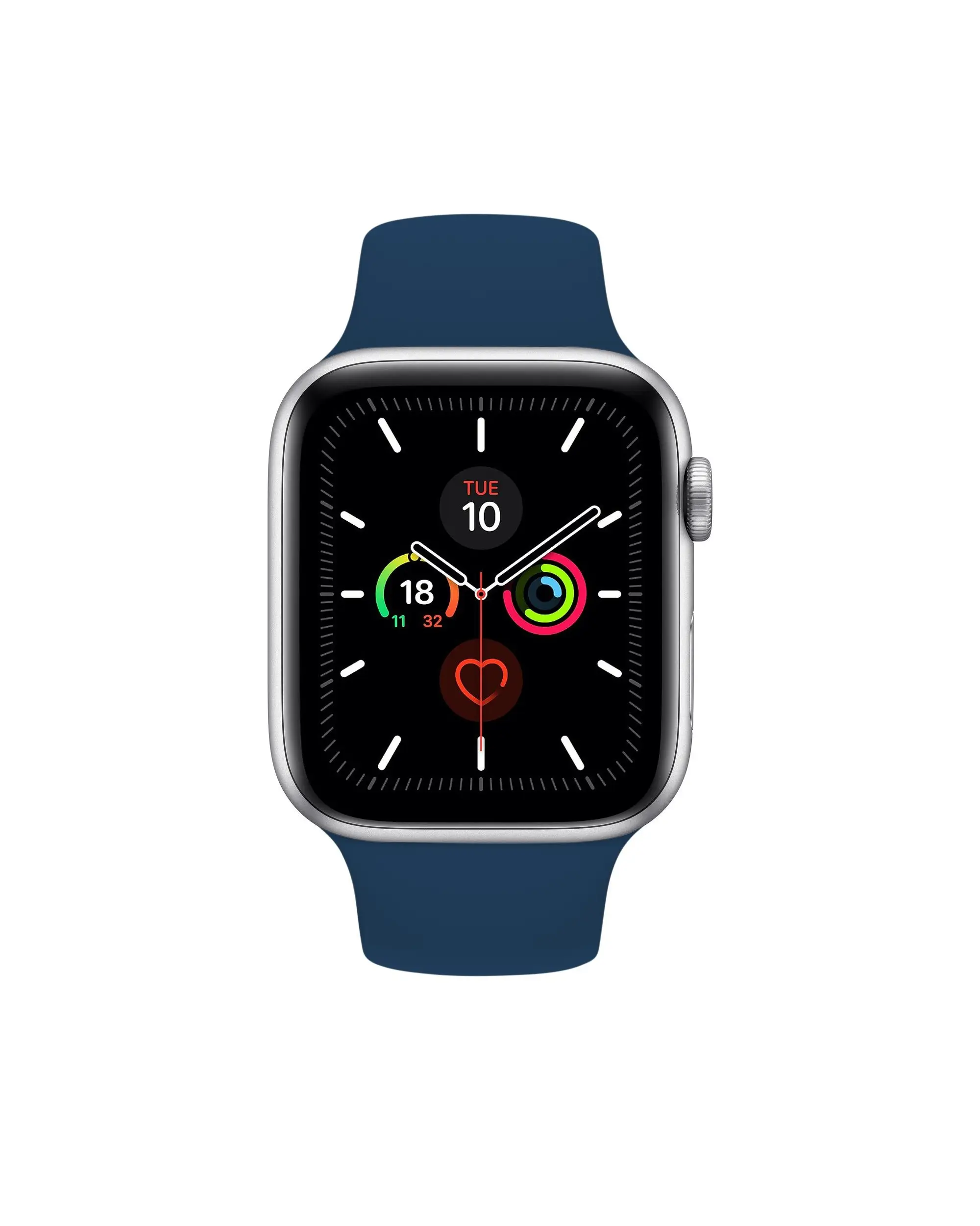 Silver smartwatch with navy blue sport band and black fitness display