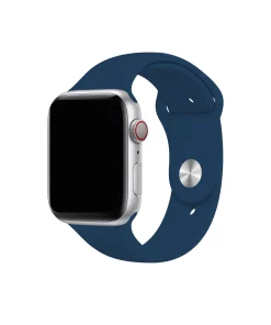 Silver smartwatch with navy blue sport band and red digital crown