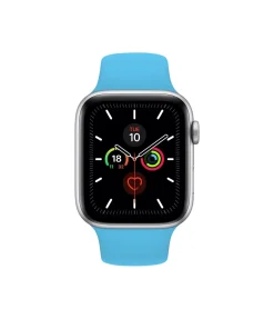 Blue sport band smartwatch with silver case and activity rings display