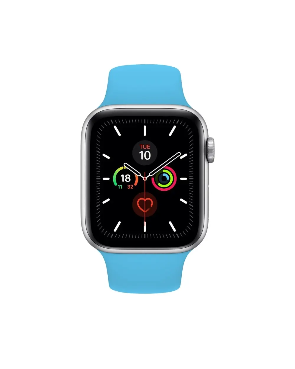 Blue sport band smartwatch with silver case and activity rings display