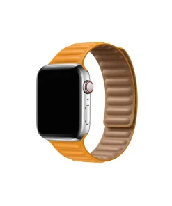 Smartwatch with silver case and golden yellow leather link band