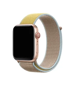 Rose gold smartwatch with camel and yellow fabric sport loop band
