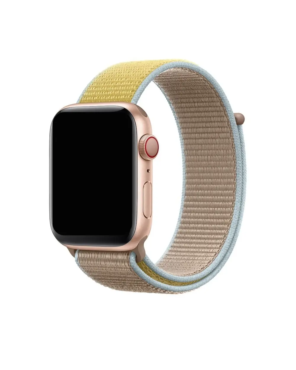 Rose gold smartwatch with camel and yellow fabric sport loop band