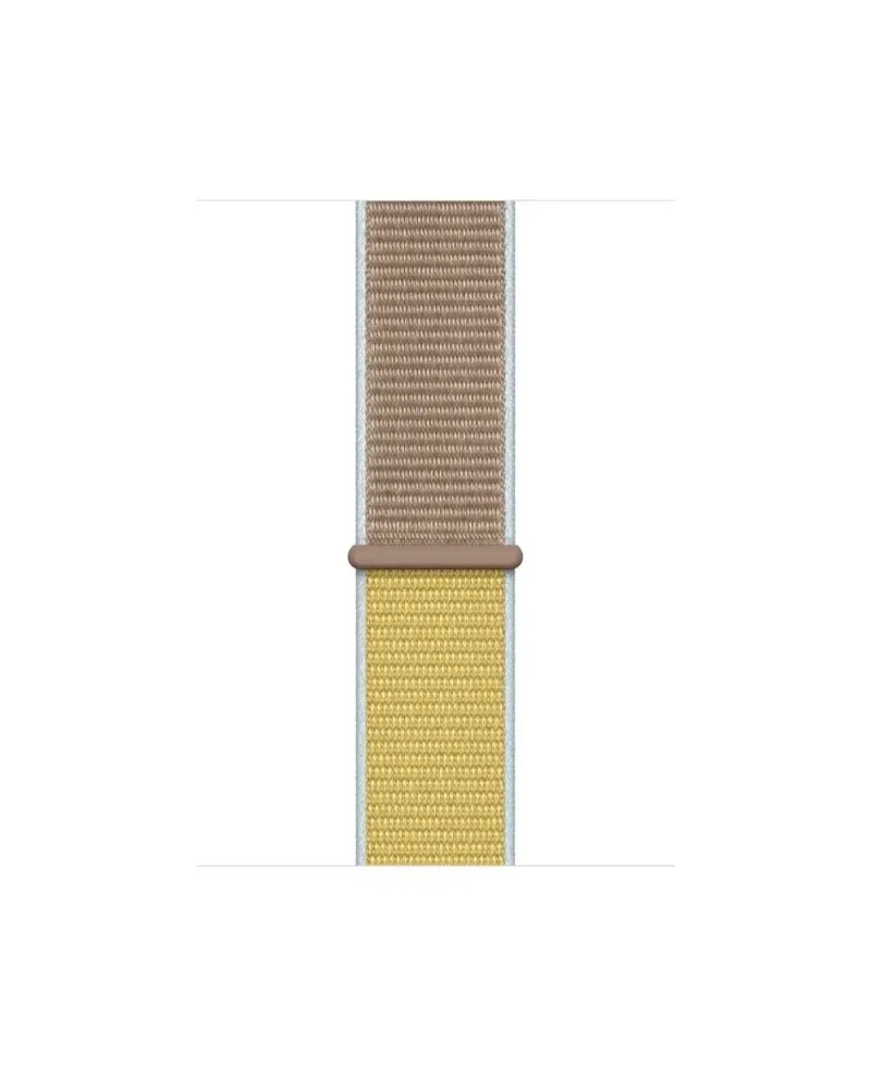 Tan and yellow woven sport loop watch band with brown connector