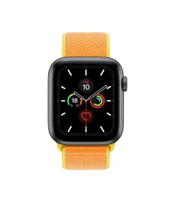 Black smartwatch with canary yellow sport loop band displaying health metrics