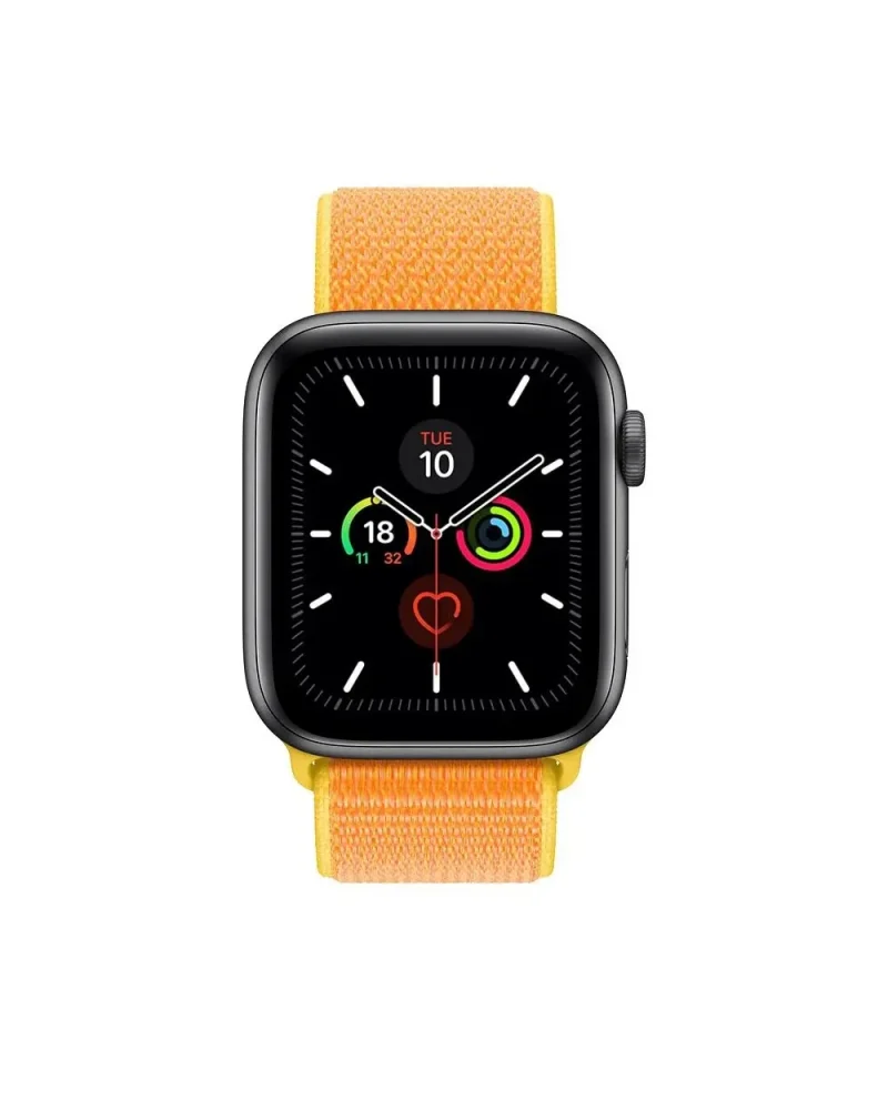 Black smartwatch with canary yellow sport loop band displaying health metrics