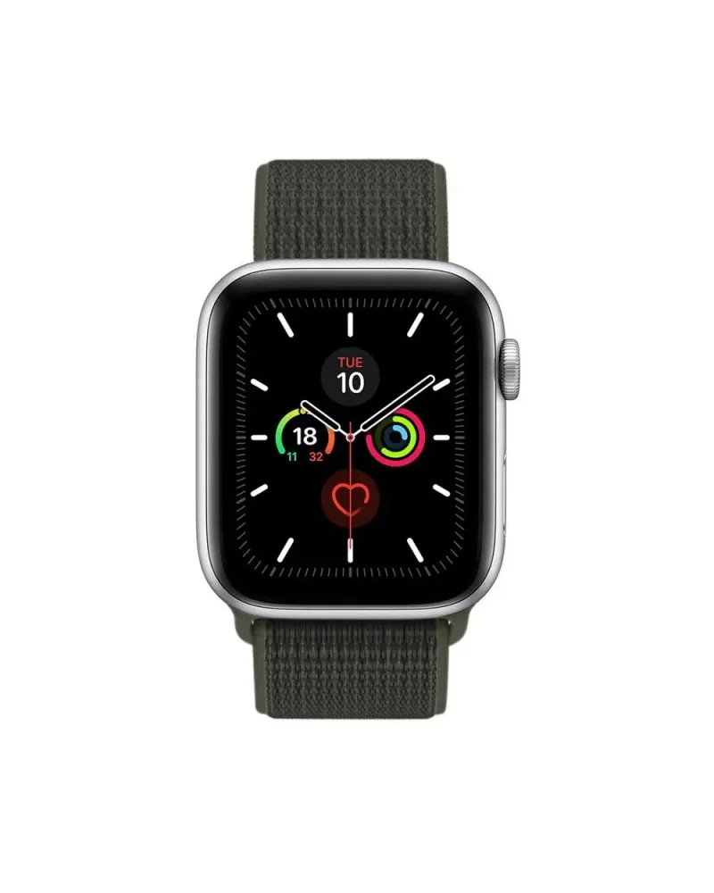 Apple Watch Series 5 silver aluminum cargo khaki sport loop band smartwatch