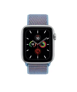 Silver smartwatch with cerulean blue fabric sport loop band