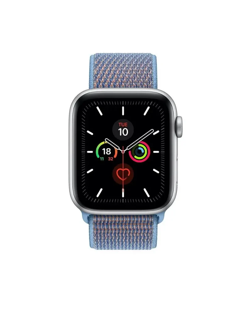 Silver smartwatch with cerulean blue fabric sport loop band