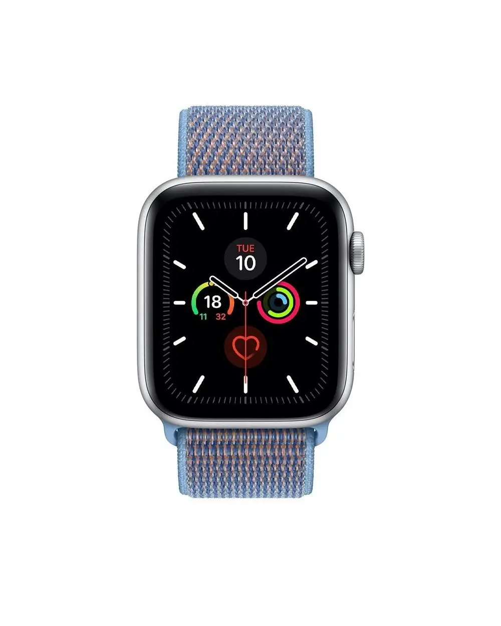 Silver smartwatch with cerulean blue fabric sport loop band