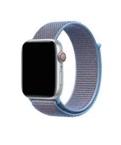 Apple Watch with blue woven sport loop band, silver aluminum case