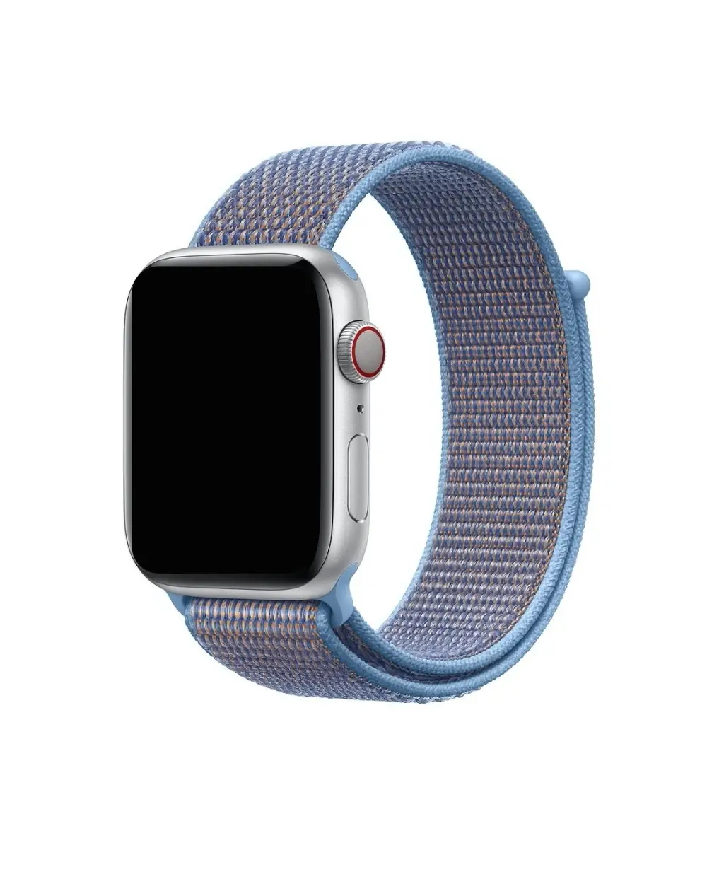 Apple Watch with blue woven sport loop band, silver aluminum case