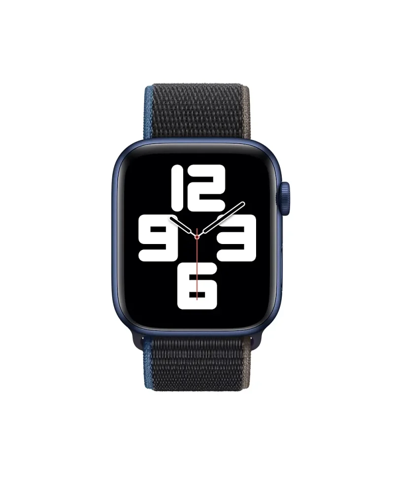 Blue aluminum smartwatch with black charcoal sport loop band