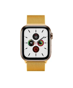 Gold stainless steel smartwatch with Milanese loop band and white dial
