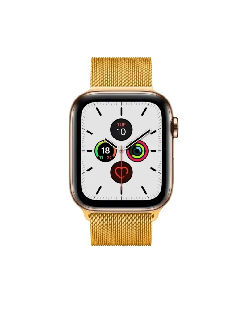Gold stainless steel smartwatch with Milanese loop band and white dial